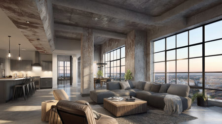 Discover a stunning modern industrial living room featuring large windows offering breathtaking urban views and stylish furnishings.の素材
