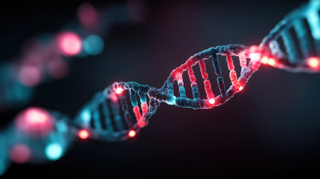 This visually striking image showcases a close-up of a DNA helix intertwined with vibrant blue and red lights against a dark background, perfect for scientific themes.の素材