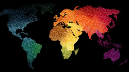A stunning geometric world map illustration featuring a vibrant rainbow color palette against a black background, perfect for creative and marketing projects.の素材
