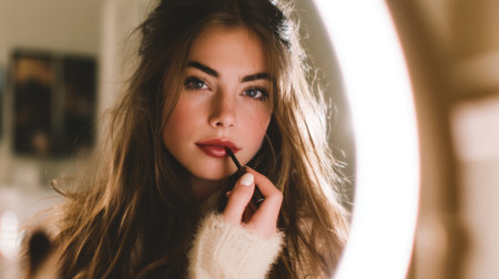 A young woman is focused on enhancing her beauty while applying lipstick in front of a softly lit round mirror, emphasizing her personal grooming routine.の素材