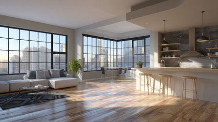 Discover a bright and spacious modern apartment interior featuring large panoramic windows, stylish furniture, and elegant decor. Ideal for urban living.の素材