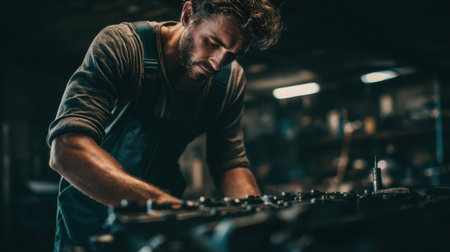 A dedicated craftsman immerses himself in his work within a well-equipped workshop, surrounded by tools and machinery, showcasing craftsmanship and focus.の素材