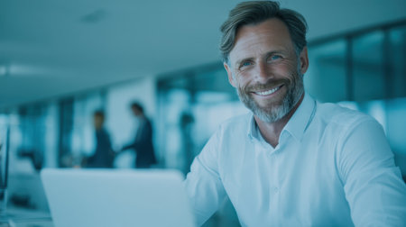 A confident businessman with a beard smiles warmly at his desk, showcasing a modern office atmosphere with colleagues working nearby.の素材
