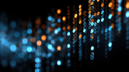 A stunning abstract image featuring hexagonal light patterns in vibrant blue and orange hues against a dark background, perfect for creative projects.の素材