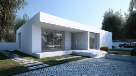 This image showcases a sleek minimalist house characterized by clean lines, large windows, and a serene landscape, perfect for architectural inspiration.の素材