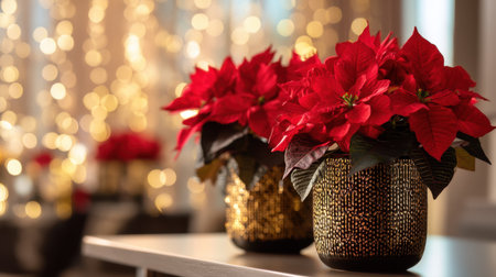 Two stunning red poinsettia plants sit in stylish containers, complemented by shimmering holiday lights in the background, creating a cozy festive atmosphere perfect for winter celebrations.の素材