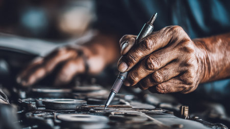 An experienced mechanic focusing on the intricate details of engine repair using tools and a precise pen in a busy workshop setting.の素材