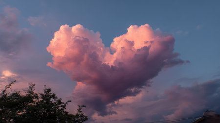 A breathtaking heart-shaped cloud formation graces the sky during a vibrant sunset. Soft pink and purple tones create a romantic atmosphere, evoking serenity and beauty in nature.の素材