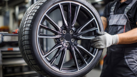 A skilled mechanic expertly holds a shiny alloy wheel in a contemporary workshop setting, showcasing the art of automotive maintenance and repair.の素材