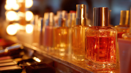 A captivating arrangement of exquisite perfume bottles glimmering under warm lights, surrounded by stylish makeup products on a vanity table.の素材