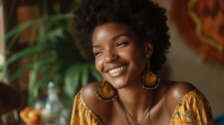 A joyful woman with curly hair beams a warm smile in a cozy indoor setting, accentuated by vibrant earrings and soft natural light.の素材