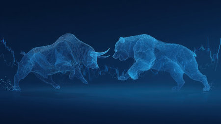 Explore the dynamic interplay between bull and bear markets depicted in a vibrant digital format, representing financial trends and trading strategies.の素材