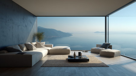 Experience serene elegance in a modern minimalist living room, featuring stunning panoramic sea views, abundant natural light, and tranquil decor.の素材