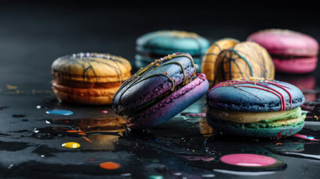 A stunning arrangement of colorful macarons resting on a dark surface, accented with vibrant paint splashes and glistening water drops, showcasing a delightful treat perfect for celebrations and gourmet displays.の素材