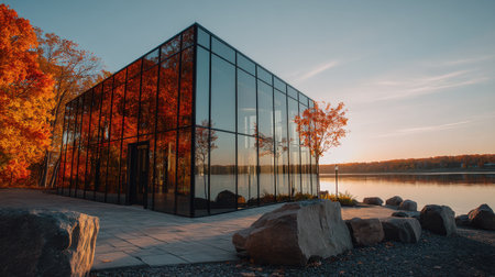 A striking modern glass building is nestled among vibrant autumn trees, reflecting stunning colors on a calm lake at sunset.の素材