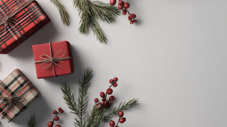 Discover a charming arrangement of festive gift boxes in red and plaid, accented by lush green pine branches and vibrant winter berries against a soft gray background.の素材