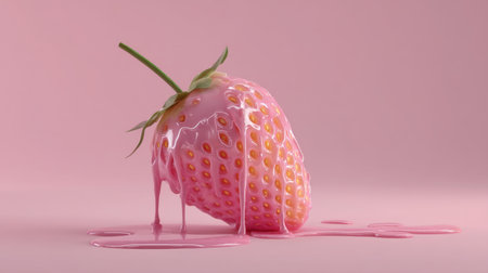 This whimsical image features a fresh strawberry drizzled with pink icing, creating a playful and vibrant visual perfect for dessert enthusiasts.の素材