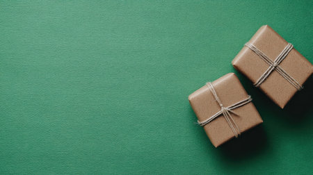 Two small, elegantly wrapped presents with brown paper and twine sit on a vibrant green textured surface, ideal for various celebrations.の素材