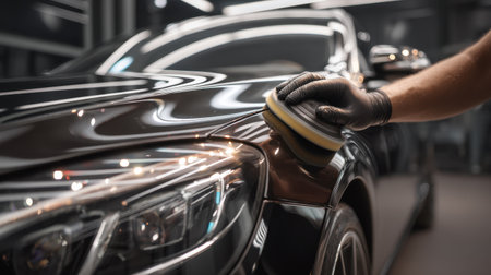 A skilled detailer meticulously polishes the surface of a luxurious black car in a modern workshop, showcasing the precision and care in automotive maintenance.の素材