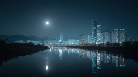 A captivating night view featuring a modern city skyline illuminated by bright lights, reflecting beautifully on calm waters under a full moon.の素材