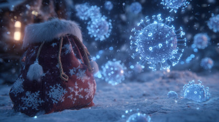 A visually captivating scene featuring a red Christmas sack nestled in snow, surrounded by glowing virus spheres, combining festive charm with an abstract twist.の素材