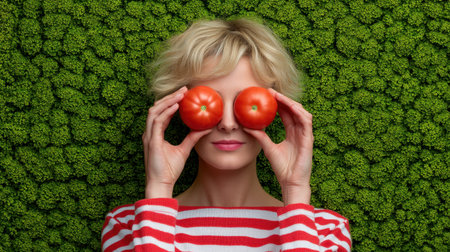 A playful woman holds two ripe tomatoes in front of her face, smiling against a lush green moss backdrop, highlighting vibrant colors and creativity.の素材