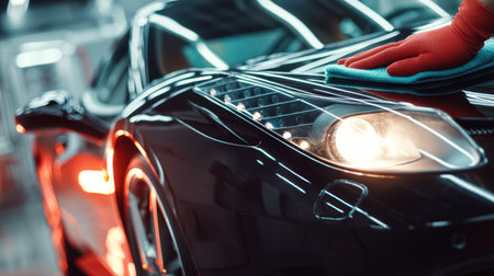 Close-up view of a black sports car being meticulously cleaned in a modern workshop. A hand uses a microfiber cloth to enhance the shine, showcasing the vehicle's design and detailing care process.の素材