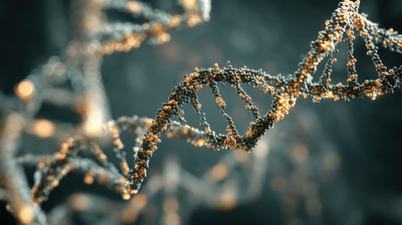 This striking image features a detailed representation of a DNA strand, showcasing intricate structures and glowing particles, ideal for illustrating genetic research.の素材