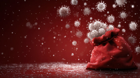 A striking image featuring a red bag releasing an array of virus particles, symbolizing the challenges of disease spread and health awareness.の素材