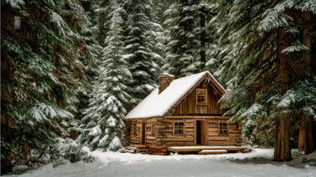A charming wooden cabin surrounded by tall evergreen trees in a serene, snow-covered forest creates a picturesque winter scene.の素材
