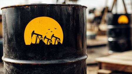A striking silhouette of oil pumps is set against a vibrant dawn sky, highlighting the industrial backdrop of a working oil field.の素材
