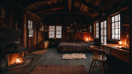 Discover a cozy rustic cabin interior featuring warm lighting, wooden decor, and a peaceful atmosphere, perfect for a relaxing escape from everyday life.の素材