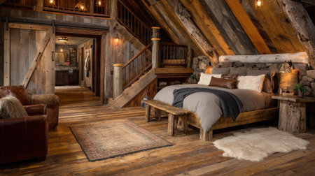 Experience the charm of this cozy rustic bedroom featuring warm lighting, wooden decor, and inviting textures that create a peaceful retreat.の素材