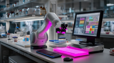 A cutting-edge laboratory featuring a robotic arm assisting with microscopy, complemented by colorful digital analysis on a computer screen.の素材