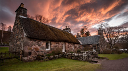 A charming stone cottage nestled in the Scottish Highlands, illuminated by a stunning sunset sky. The warm light casts a serene atmosphere over the picturesque landscape, inviting the viewer to explore the rustic beauty of this historical home.の素材