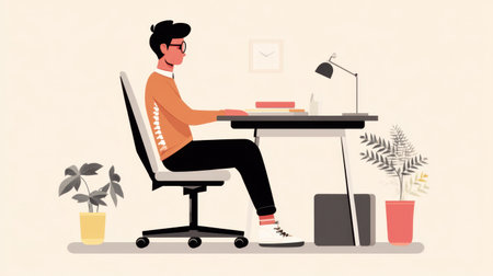 A young man sits comfortably at a modern desk in a stylish workspace, engaged in professional tasks while surrounded by lush plants.の素材