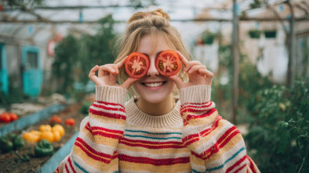 A joyful young woman playfully holds fresh tomatoes in front of her eyes in a vibrant greenhouse filled with vegetables.の素材