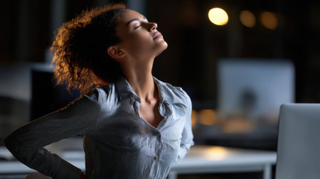 A young woman enjoys a moment of relaxation as she stretches her back in a modern office at night, surrounded by soft lighting, encouraging self-care and wellness.の素材