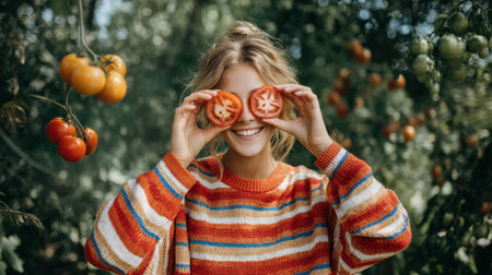 A joyful woman is holding slices of fresh tomatoes before her eyes, smiling with delight in a vibrant garden filled with ripe vegetables.の素材
