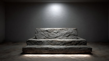 This image captures a rugged stone seat in a minimalist, dimly lit room. The atmosphere conveys a sense of history and tranquility, perfect for creative projects.の素材