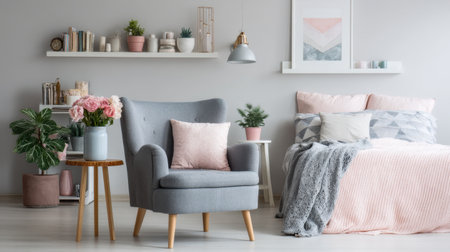 This cozy living room features a stylish armchair, soft bedding in neutral tones, and elegant decorative elements for a serene atmosphere.の素材