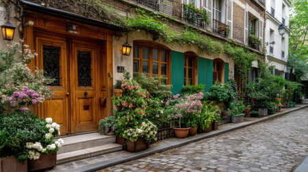This enchanting street scene features a welcoming wooden door embraced by colorful flowers and verdant plants, embodying charm and tranquility.の素材