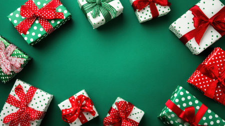 A vibrant display of assorted gifts wrapped in festive patterns of green and red on a stylish green background, ideal for holiday themes.の素材