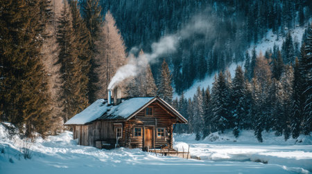 A picturesque log cabin nestled in a winter wonderland, surrounded by evergreen trees and blanketed in snow, exuding warmth and tranquility.の素材