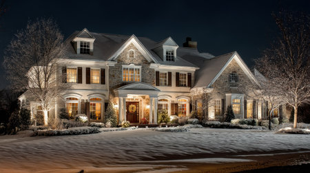 A stunning winter home illuminated at night, showcasing a charming exterior surrounded by fresh snow, creating a warm and inviting atmosphere.の素材