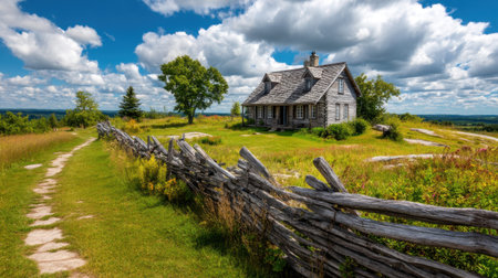 A breathtaking countryside scene showcasing a rustic wooden house surrounded by vibrant green grass, under a stunning blue sky filled with fluffy clouds.の素材