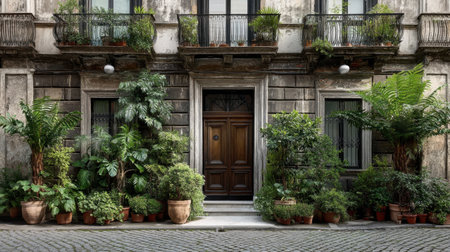 A stunning doorway framed by lush greenery and potted plants creates a welcoming atmosphere in an urban setting, showcasing nature's beauty.の素材
