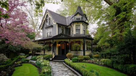 A stunning Victorian house set in a vibrant garden during springtime, characterized by blooming trees and a charming landscape.の素材
