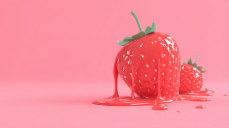 This image captures vivid and juicy strawberries melting on a pink surface, perfect for inspiring refreshing summer dessert ideas and recipes.の素材