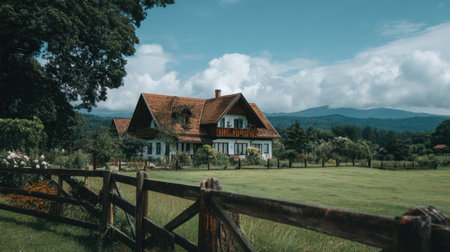 A charming countryside house surrounded by a lush garden and a wooden fence, set against majestic mountains and a clear blue sky.の素材